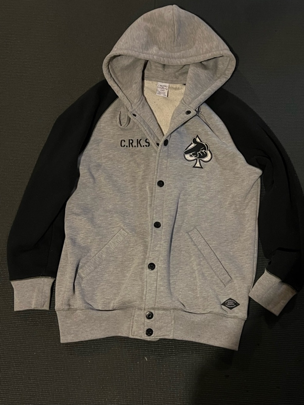 Crooks & Castles Y2K Grey & Black Snap Up Hooded Jacket with Ace Spade Patch